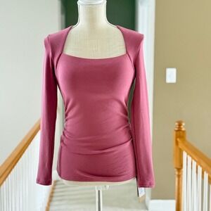 OGL Womens Square Neck Ruched Long Sleeve Top‎ Rose Mauve Slim Fit Elegant